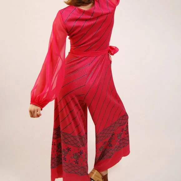70s Palazzo Jumpsuit (XS) vintage pink alfred shaheen wide leg bishop sleeve 60s